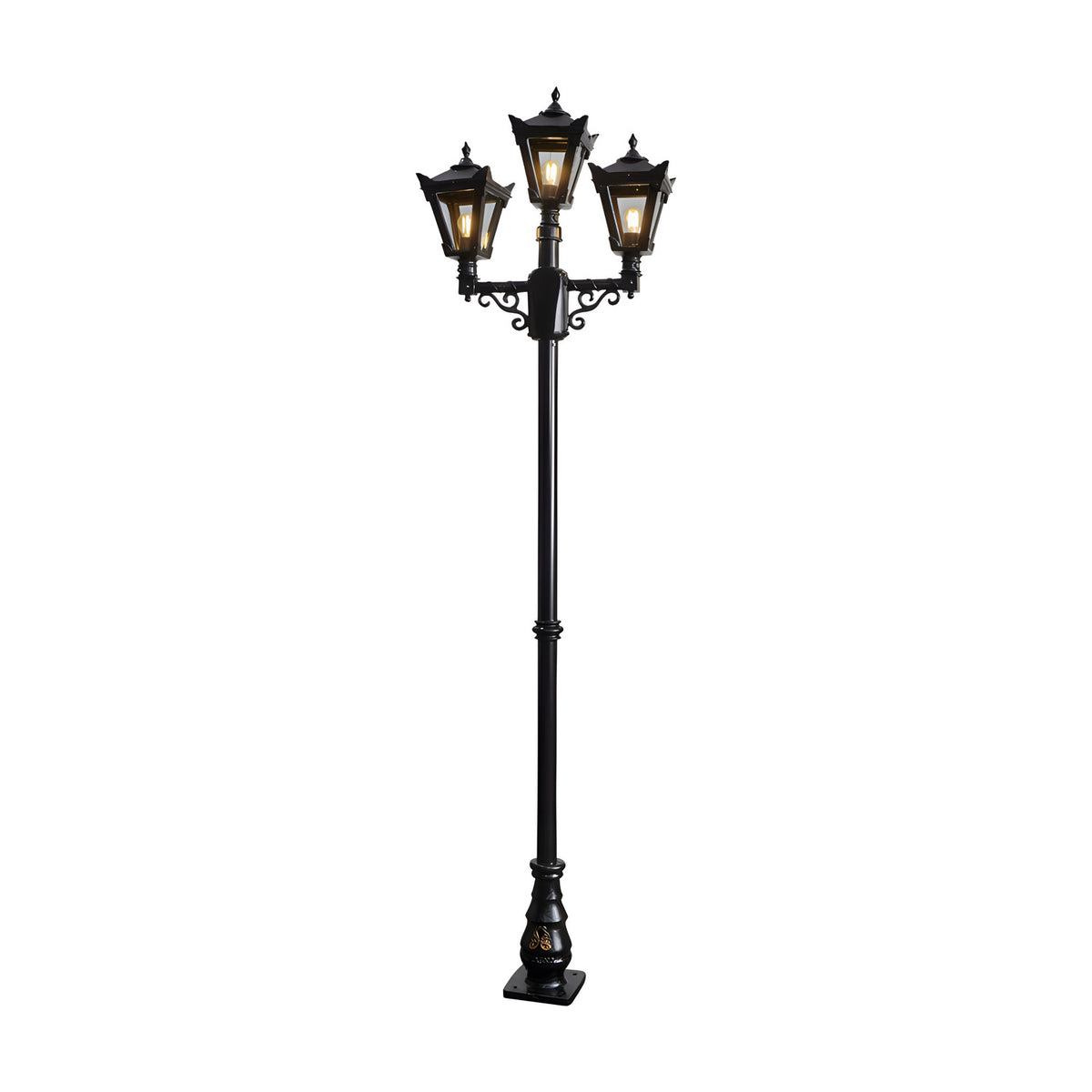 Victorian cast iron triple-headed lamp post in black, 2.6m tall with three tapered lantern heads on scrolled arms atop a slender fluted pole and decorative base, shown on a plain white background.