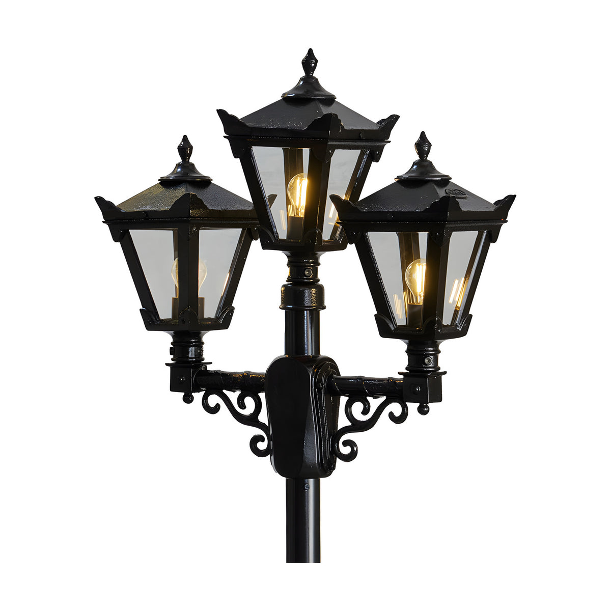 Black Victorian cast iron triple-headed lamp post, 2.6m, with stepped crown lantern heads, cast finials and clear glass panels on a scrolled bracket.