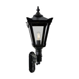 Medium Victorian wall lantern in black, tapered four-sided glass shade with cast finial, mounted on a decorative scroll bracket, single E27 bulb, shown on a plain white background.