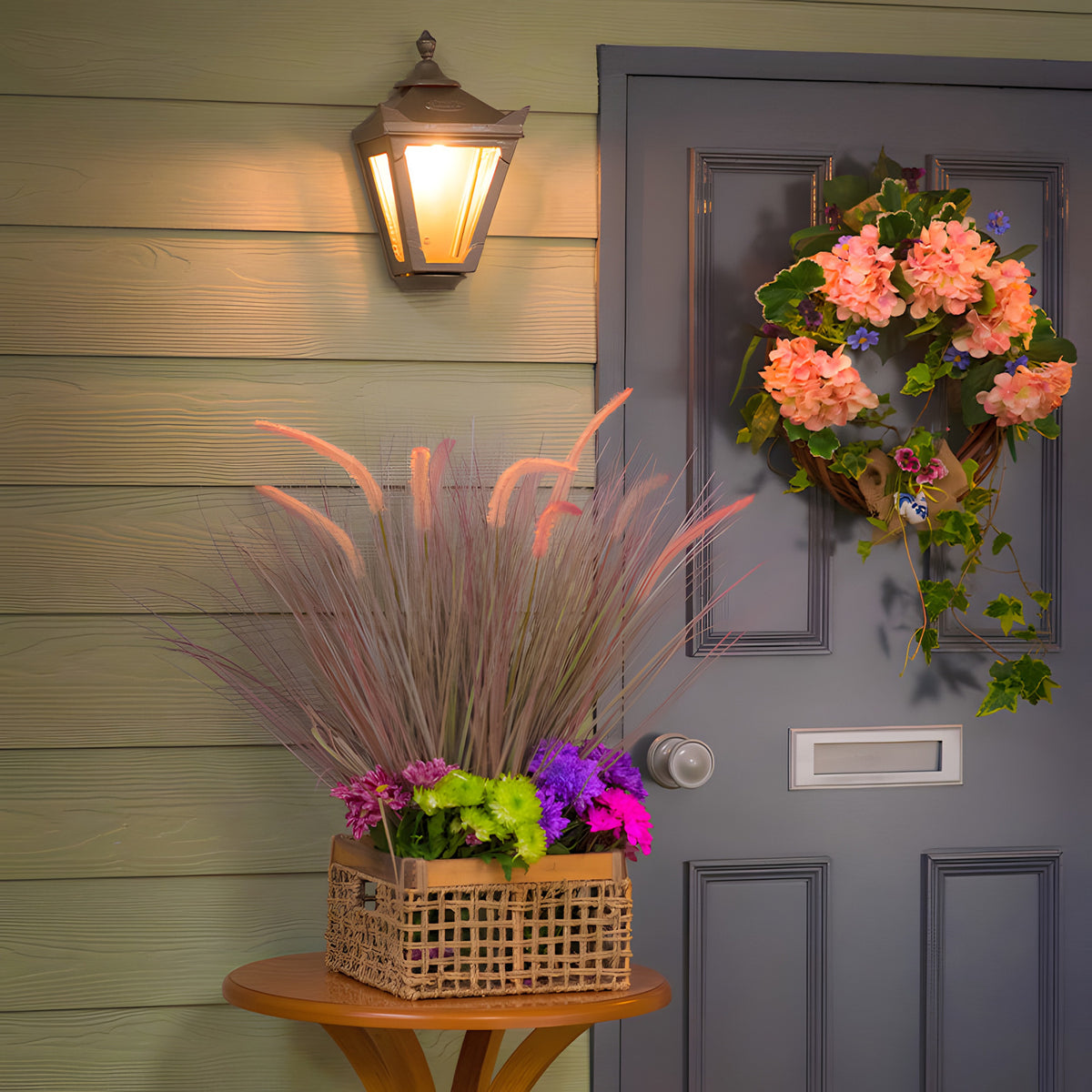 Small Victorian Cast Iron Half Lantern Wall Light in black, illuminated beside a grey front door with a floral wreath, on a light green panelled house exterior.