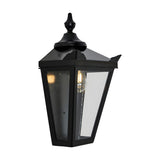 Large Victorian Cast Iron Half Lantern Wall Light in black, with pointed finial, peaked roof, clear glass panels and visible E27 bulb, shown on a plain white background.