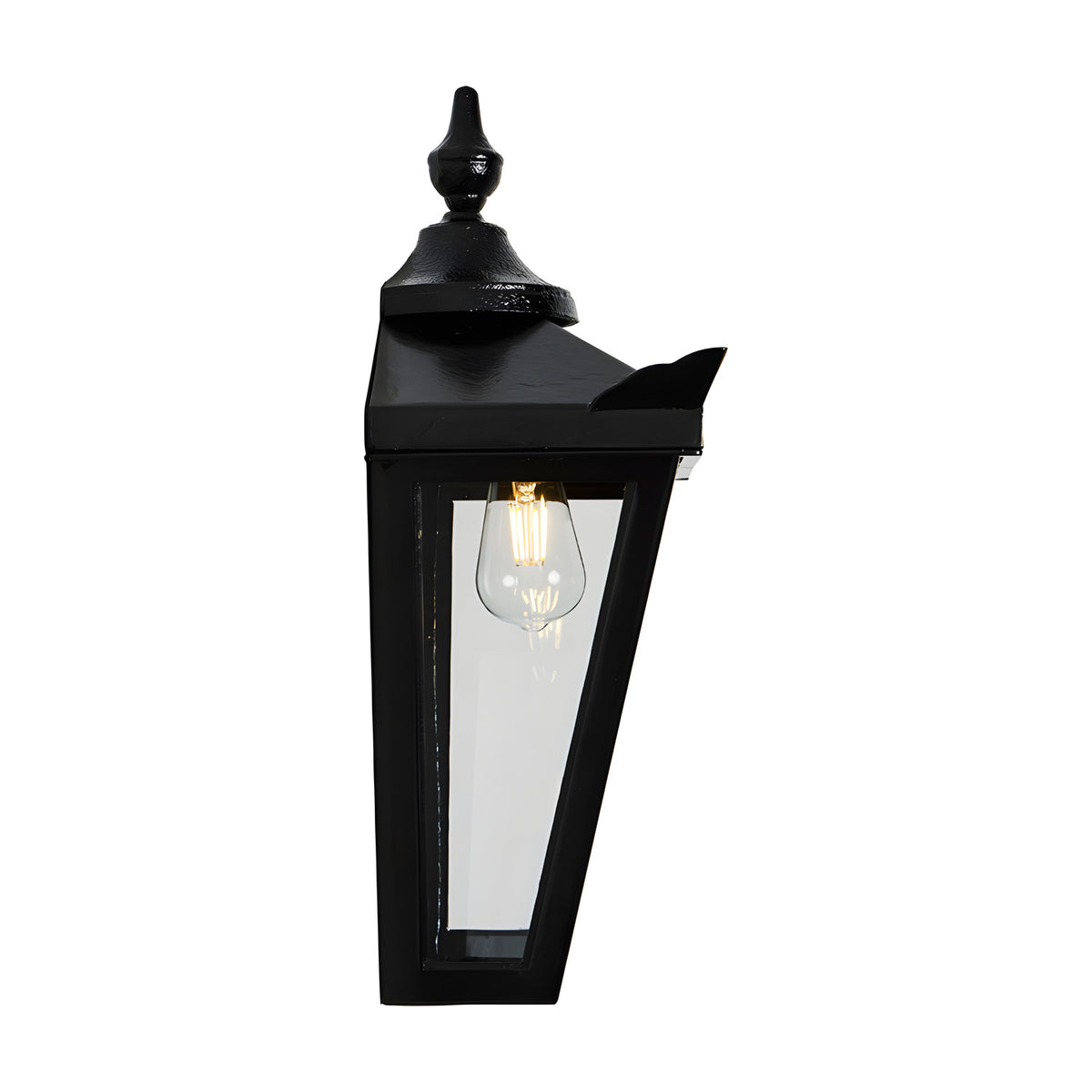 Large Victorian Cast Iron Half Lantern wall light in black, tapered glass panel design with ornate finial top and E27 bulb, shown on a plain white background.