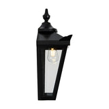 Large Victorian Cast Iron Half Lantern wall light in black, tapered glass panel design with ornate finial top and E27 bulb, shown on a plain white background.