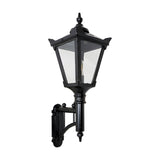 Victorian cast iron wall lantern in black with a tapered glass panel head, stepped crown, cast finial, and short mounting arm, shown on a plain white background.