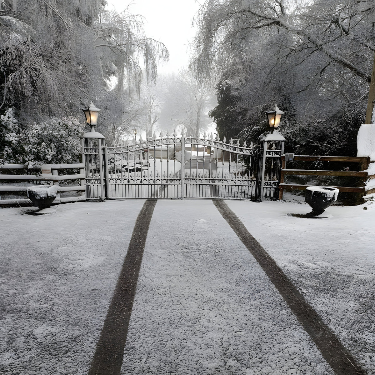 Medium Victorian cast iron pillar light in black, lit with a tapered four-sided head and cast finial, mounted on a flat pier cap beside a snow-covered driveway gate.