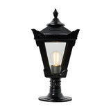 Small Victorian cast iron pillar light in black with tapered four-sided head, stepped crown, cast finial and clear glass panels showing an E27 bulb, on plain white background.