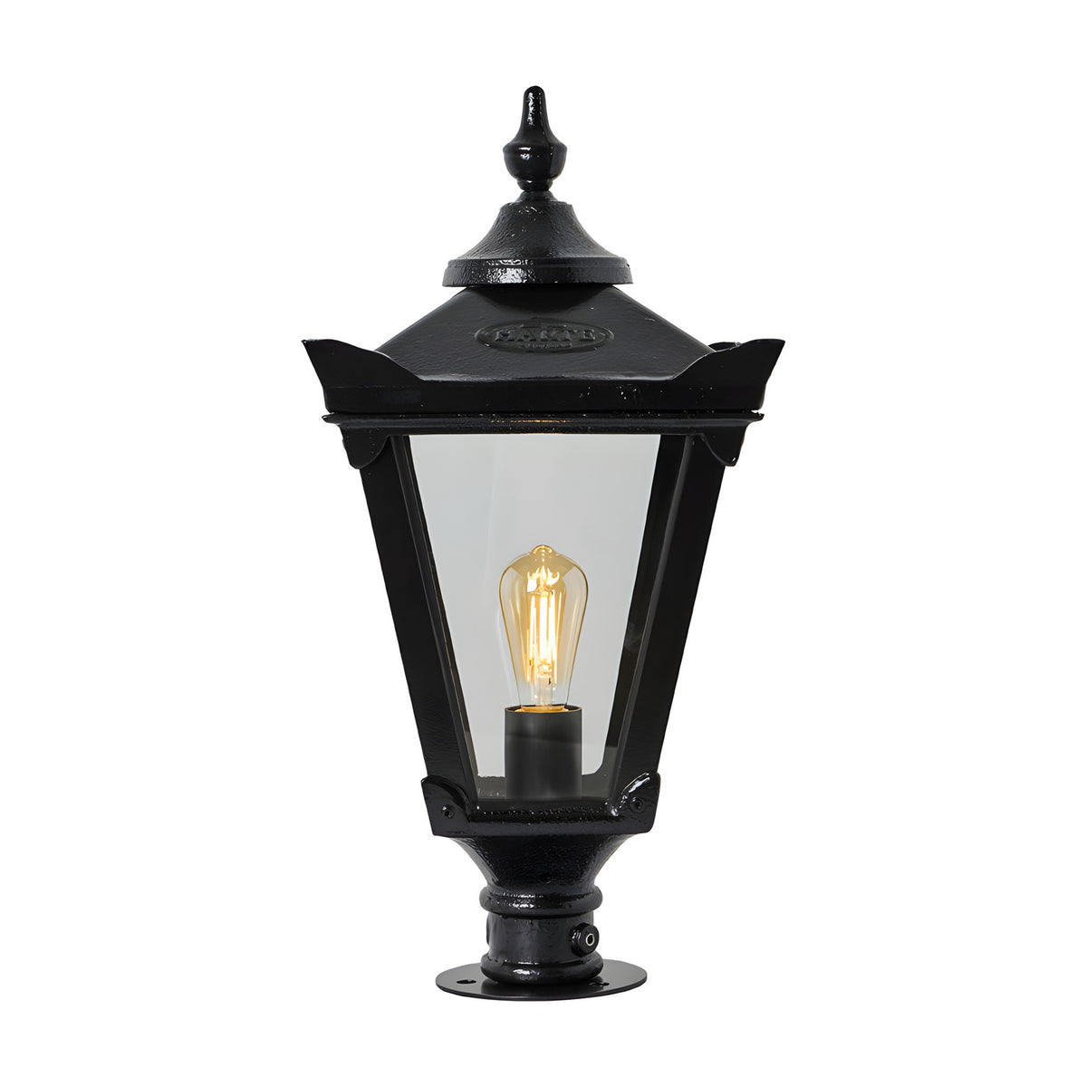 Large Victorian cast iron pillar light in black with tapered four-sided glass panels, stepped crown finial, and pier cap base, shown on a plain white background.