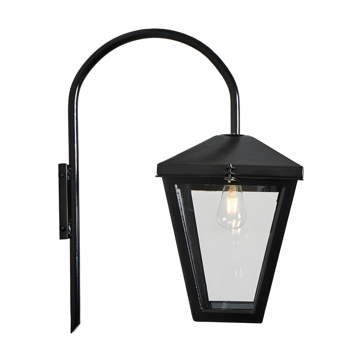 Contemporary downturned wall lantern in black steel with a curved arm, tapered glass panels and visible E27 bulb, shown on a plain white background.
