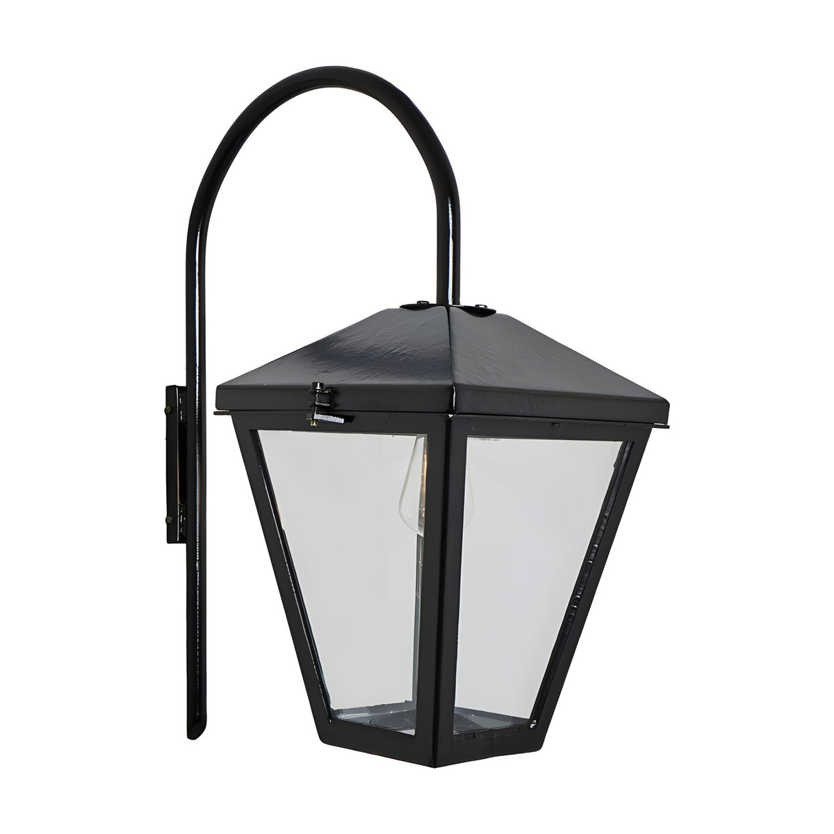 Contemporary downturned wall lantern in black, tapered glass-panelled lantern head with peaked roof and curved mounting arm, shown on a plain white background.