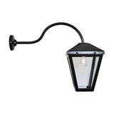 Contemporary Barn Wall Lantern in black with a long gooseneck arm, tapered glass-panelled lantern head and E27 bulb, shown on a plain white background.