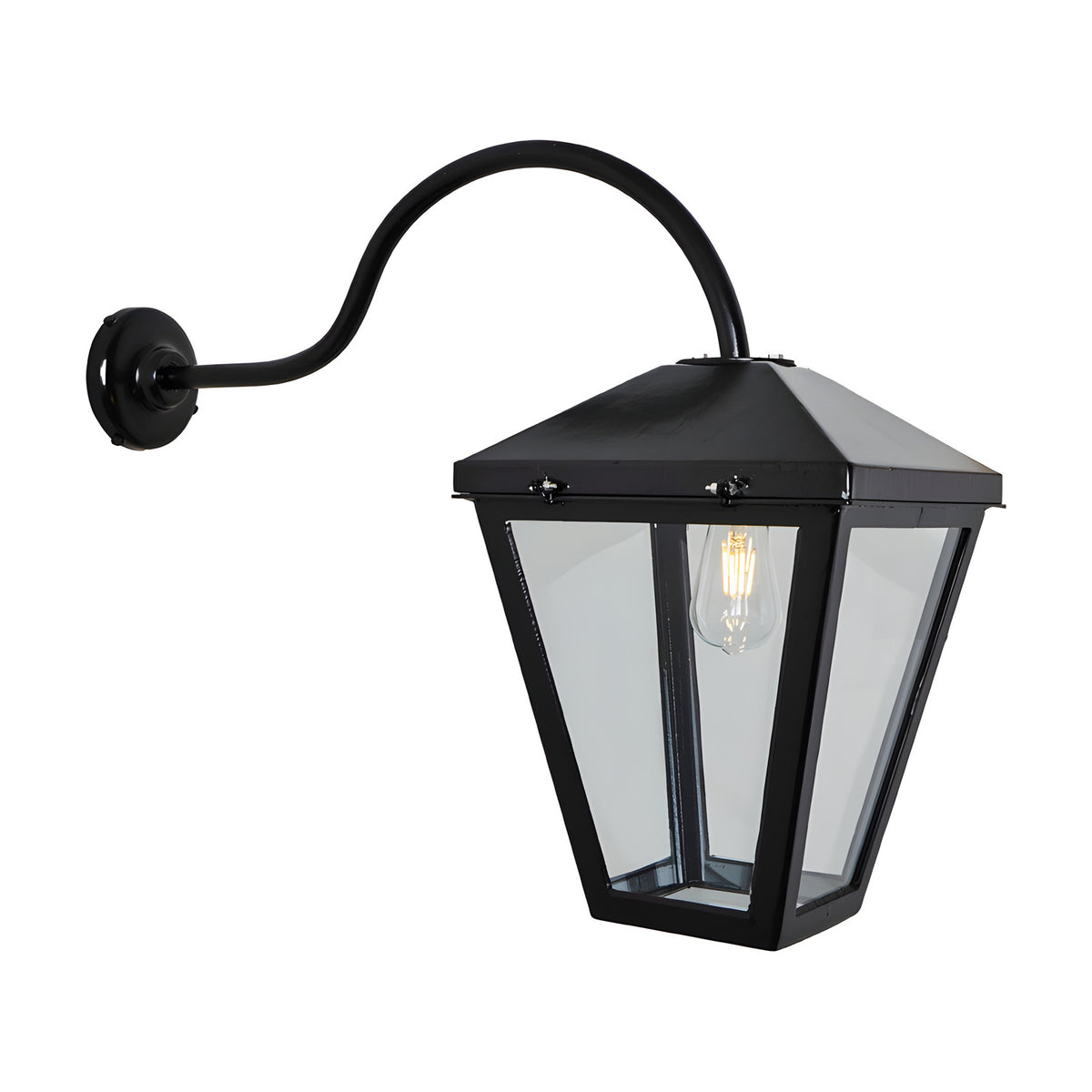Contemporary Barn Wall Lantern in black steel with a tapered glass panel shade, curved gooseneck arm, wall mounting plate and visible E27 bulb, shown on a plain white background.
