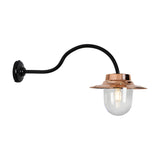 Contemporary outdoor wall lantern on a black goose neck bracket with a copper shade and clear glass globe housing an E27 bulb, shown on a plain white background.