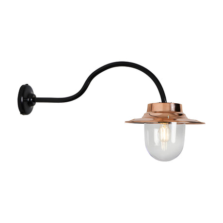Contemporary outdoor wall lantern on a black goose neck bracket with a copper shade and clear glass globe housing an E27 bulb, shown on a plain white background.