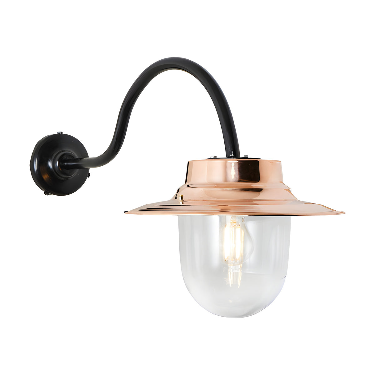 Contemporary wall lantern on a black goose neck bracket with a copper shade and clear glass globe, shown against a plain white background.