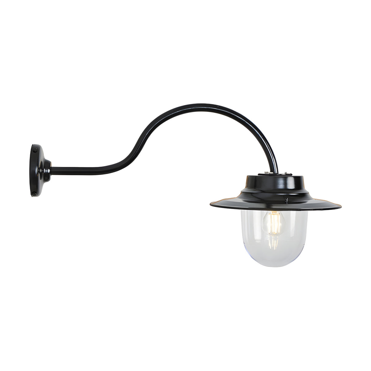Contemporary black outdoor wall lantern on a curved goose neck bracket with a clear glass dome shade and flat top, shown lit against a plain white background.