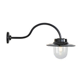 Contemporary black outdoor wall lantern on a curved goose neck bracket with a clear glass dome shade and flat top, shown lit against a plain white background.