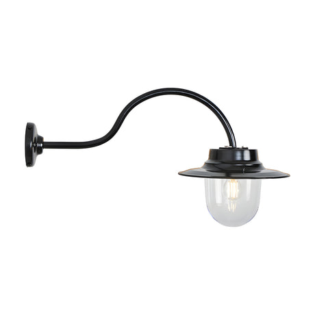 Contemporary black outdoor wall lantern on a curved goose neck bracket with a clear glass dome shade and flat top, shown lit against a plain white background.