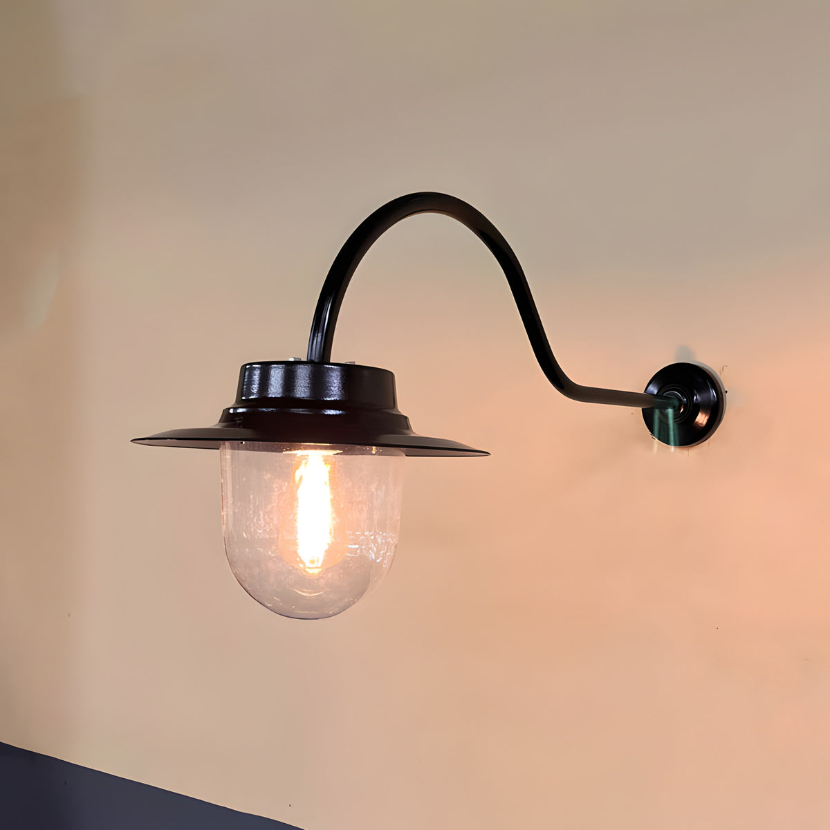 Contemporary black wall lantern on a curved goose neck bracket, with a domed clear glass shade over a single glowing E27 bulb, wall-mounted against a neutral background.