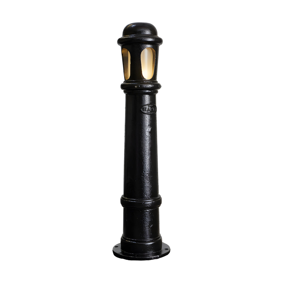 Extra Large Victorian cast iron bollard light in black, tall stepped column with domed cap and frosted polycarbonate lens, shown on a plain white background.