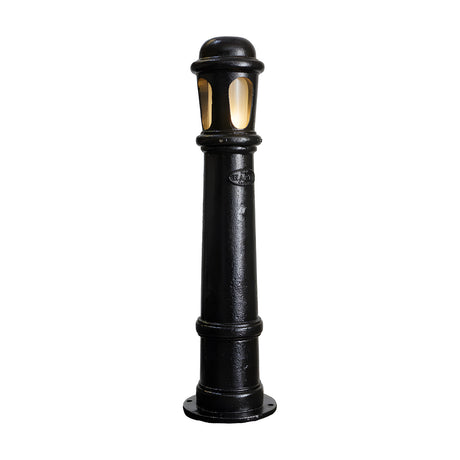 Extra Large Victorian cast iron bollard light in black, tall stepped column with domed cap and frosted polycarbonate lens, shown on a plain white background.