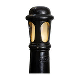 Extra Large Victorian cast iron bollard light in black, with a domed cap, stepped beaded column, and frosted polycarbonate lens glowing amber, on a plain white background.