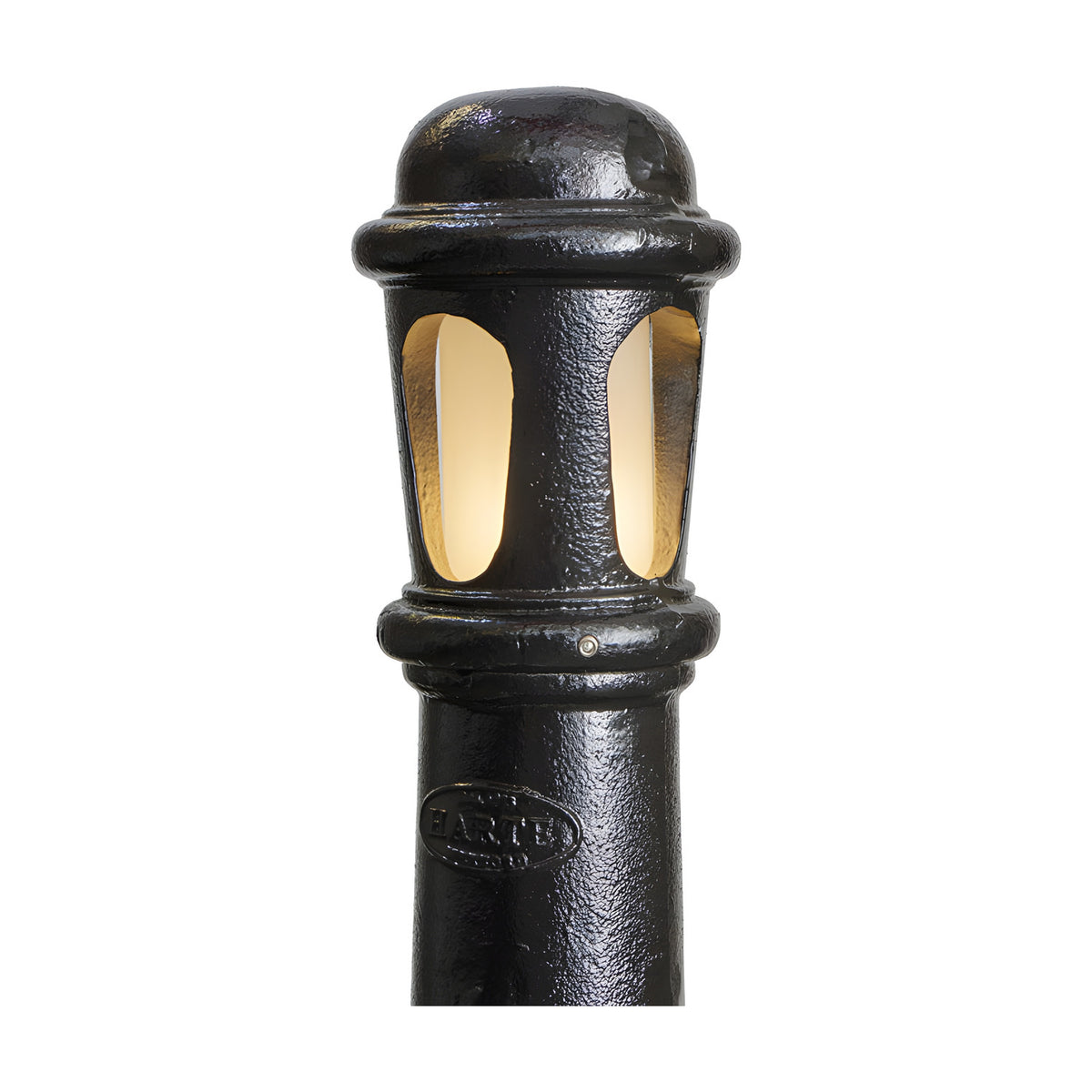 Extra Large Victorian Cast Iron Bollard Light in black, close-up of domed cap and frosted lens panels on a beaded iron column, shown on a plain white background.