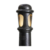 Extra Large Victorian Cast Iron Bollard Light in black, close-up of domed cap and frosted lens panels on a beaded iron column, shown on a plain white background.