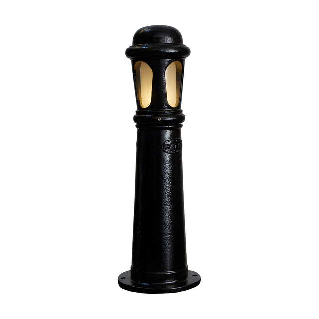 Medium Victorian cast iron bollard light in black, traditional stepped column design with a frosted lens window and domed cap, shown on a plain white background.