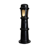 Large Victorian cast iron bollard light in black with frosted polycarbonate lens panels, stepped and beaded column design, illuminated, shown on a plain white background.