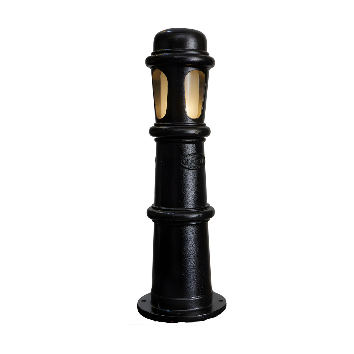Large Victorian cast iron bollard light in black, stepped and beaded column with frosted polycarbonate lens panels, mounted on a round base plate against a plain white background.