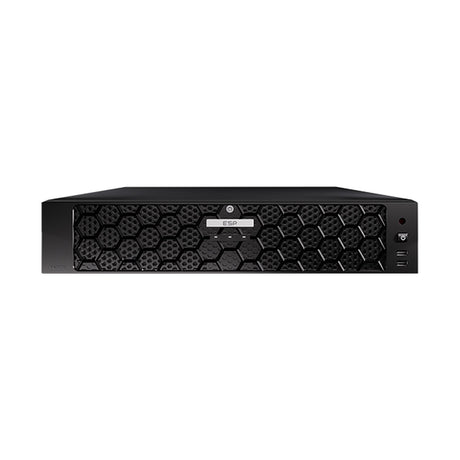 ESP HDview IP PoE NVR 8MP 64CH 16TB in a black 2U rack chassis with honeycomb vented front, front USB ports and power button, on a white background.