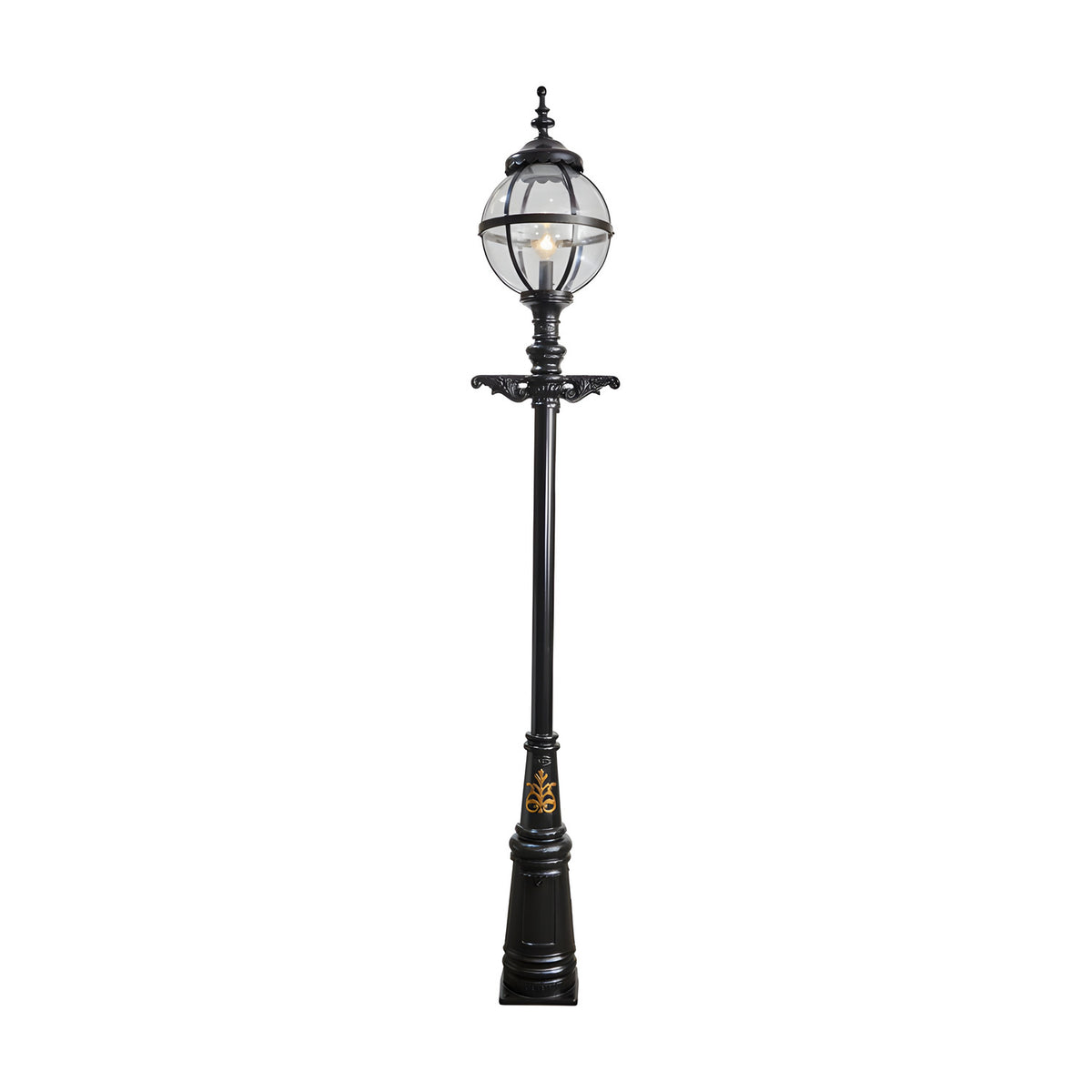 Victorian Cast Iron Globe Lamp Post in black, 3.6m tall with a caged glass globe shade atop a decorative traditional column base, shown on a plain white background.