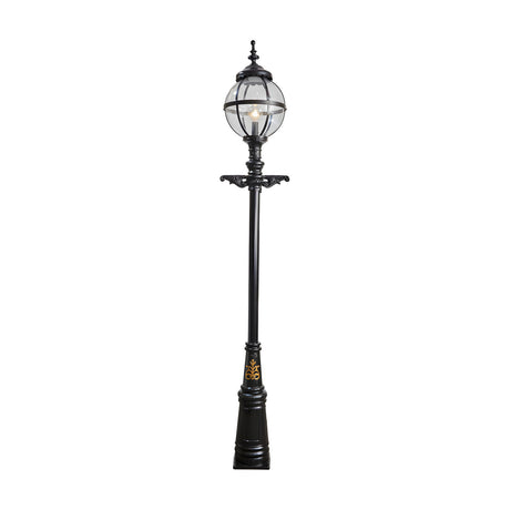 Victorian Cast Iron Globe Lamp Post in black, 3.6m tall with a caged glass globe shade atop a decorative traditional column base, shown on a plain white background.