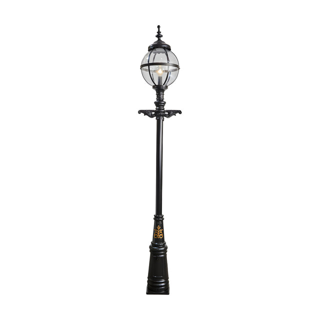 Victorian Cast Iron Globe Lamp Post in black, 3.6m tall with a caged glass globe shade atop a decorative traditional column base, shown on a plain white background.