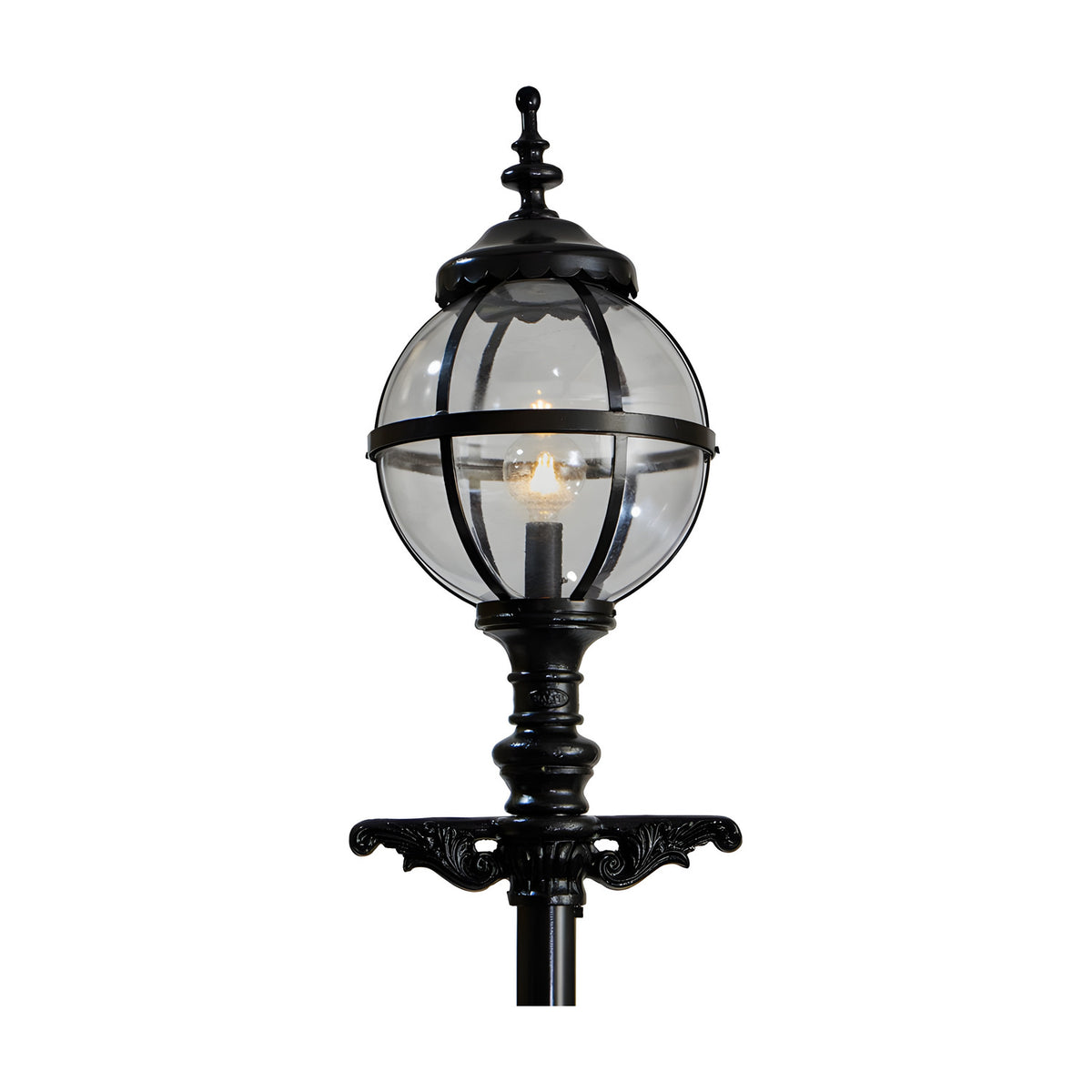 Victorian cast iron globe lamp post in black, 3.6m height, with a clear glass globe shade held in a banded cage atop a decorative bracket, shown on a plain white background.