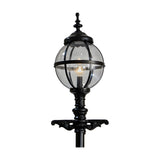 Victorian cast iron globe lamp post in black, 3.6m height, with a clear glass globe shade held in a banded cage atop a decorative bracket, shown on a plain white background.