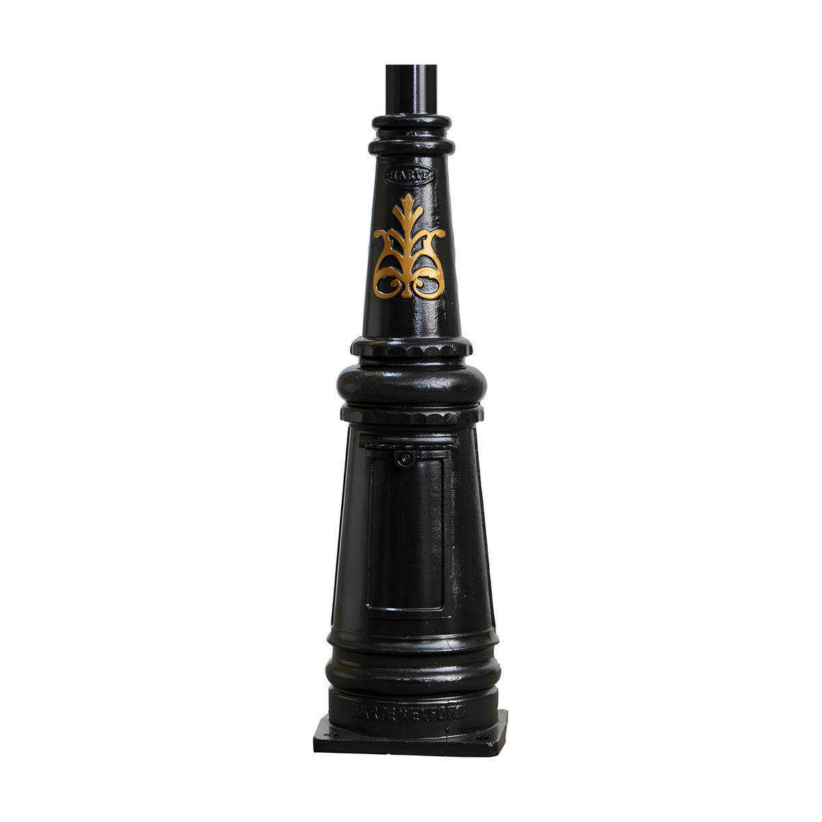 Victorian Cast Iron Globe Lamp Post base in black, tapered traditional design with gold scroll motif and access panel, shown against a plain white background.