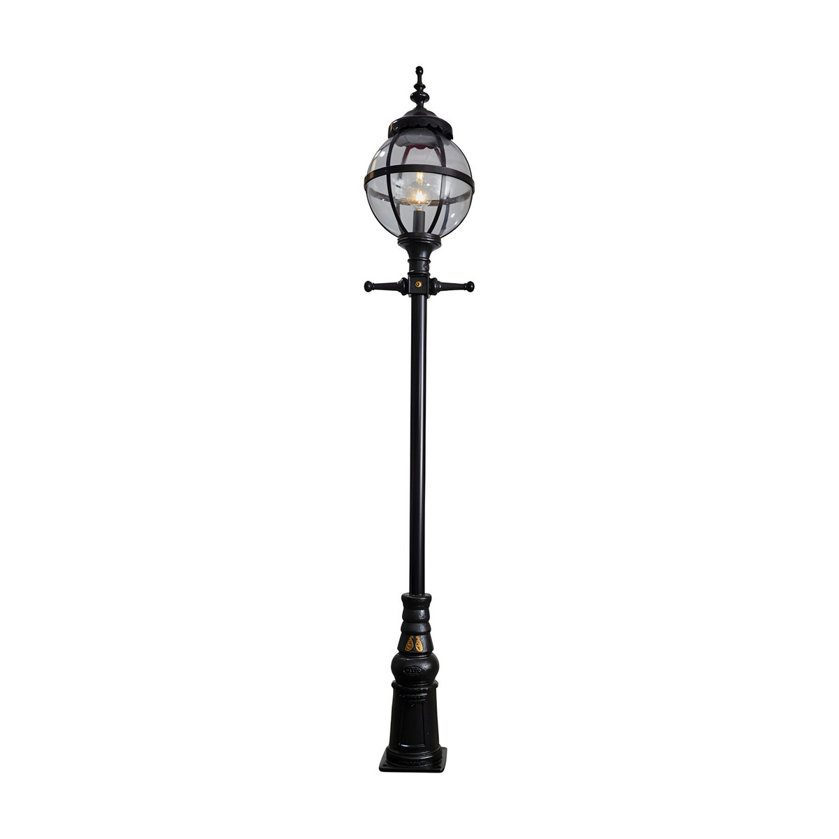 Victorian Cast Iron Globe Lamp Post, 3.28m tall in black, featuring a caged glass globe atop a tall traditional post on a square base, shown on a plain white background.