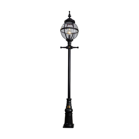 Victorian Cast Iron Globe Lamp Post, 3.28m tall in black, featuring a caged glass globe atop a tall traditional post on a square base, shown on a plain white background.