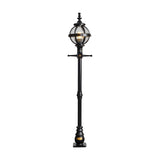 Victorian cast iron globe lamp post, 1.4m tall in black, with a banded cage globe shade on a slender fluted pole and square base, shown on a plain white background.