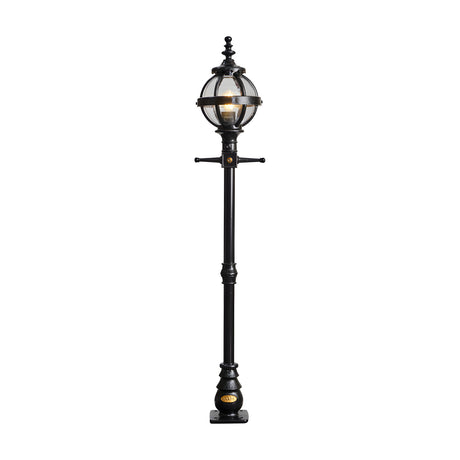 Victorian cast iron globe lamp post, 1.4m tall in black, with a banded cage globe shade on a slender fluted pole and square base, shown on a plain white background.