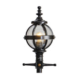 Victorian Cast Iron Globe Lamp Post in black with a spherical clear glass shade held in a banded cage, ornate finial top, and decorative mounting bracket, shown against a plain white background.