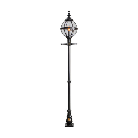 Victorian Cast Iron Globe Lamp Post, 2.7m tall in black, featuring a spherical banded-cage glass globe atop a slender fluted post with ornate base, shown against a plain white background.