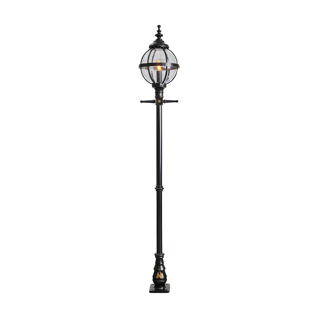 Victorian Cast Iron Globe Lamp Post, 2.7m tall in black, featuring a spherical banded-cage glass globe atop a slender fluted post with ornate base, shown against a plain white background.
