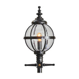 Victorian Cast Iron Globe Lamp Post in black, showing the round glass globe in a banded cage with ornate finial top, lit bulb visible, on a plain white background.