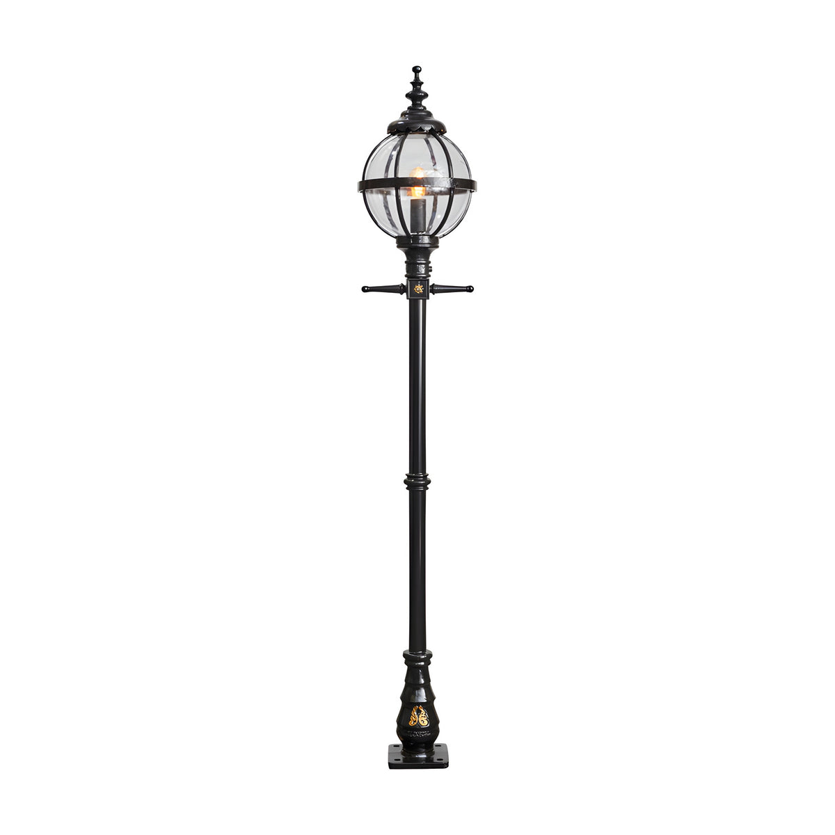 Victorian-style black cast iron globe lamp post, 2.5m tall with a banded glass globe shade and ornate scrolled base, shown on a plain white background.