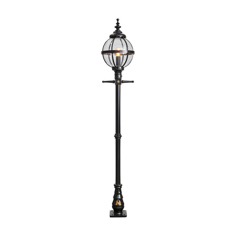 Victorian-style black cast iron globe lamp post, 2.5m tall with a banded glass globe shade and ornate scrolled base, shown on a plain white background.