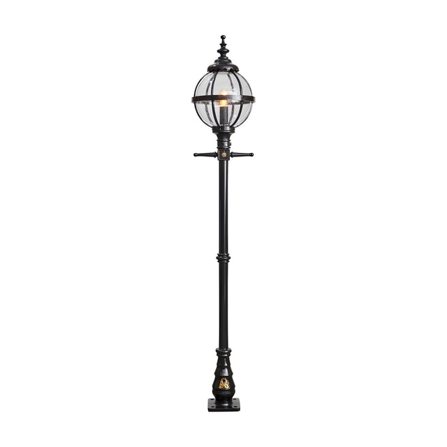 Victorian-style black cast iron globe lamp post, 2.5m tall with a banded glass globe shade and ornate scrolled base, shown on a plain white background.