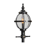 Victorian Cast Iron Globe Lamp Post in black, showing the spherical glass globe held in a banded metal cage with ornate finial top, mounted on a decorative post against a plain white background.