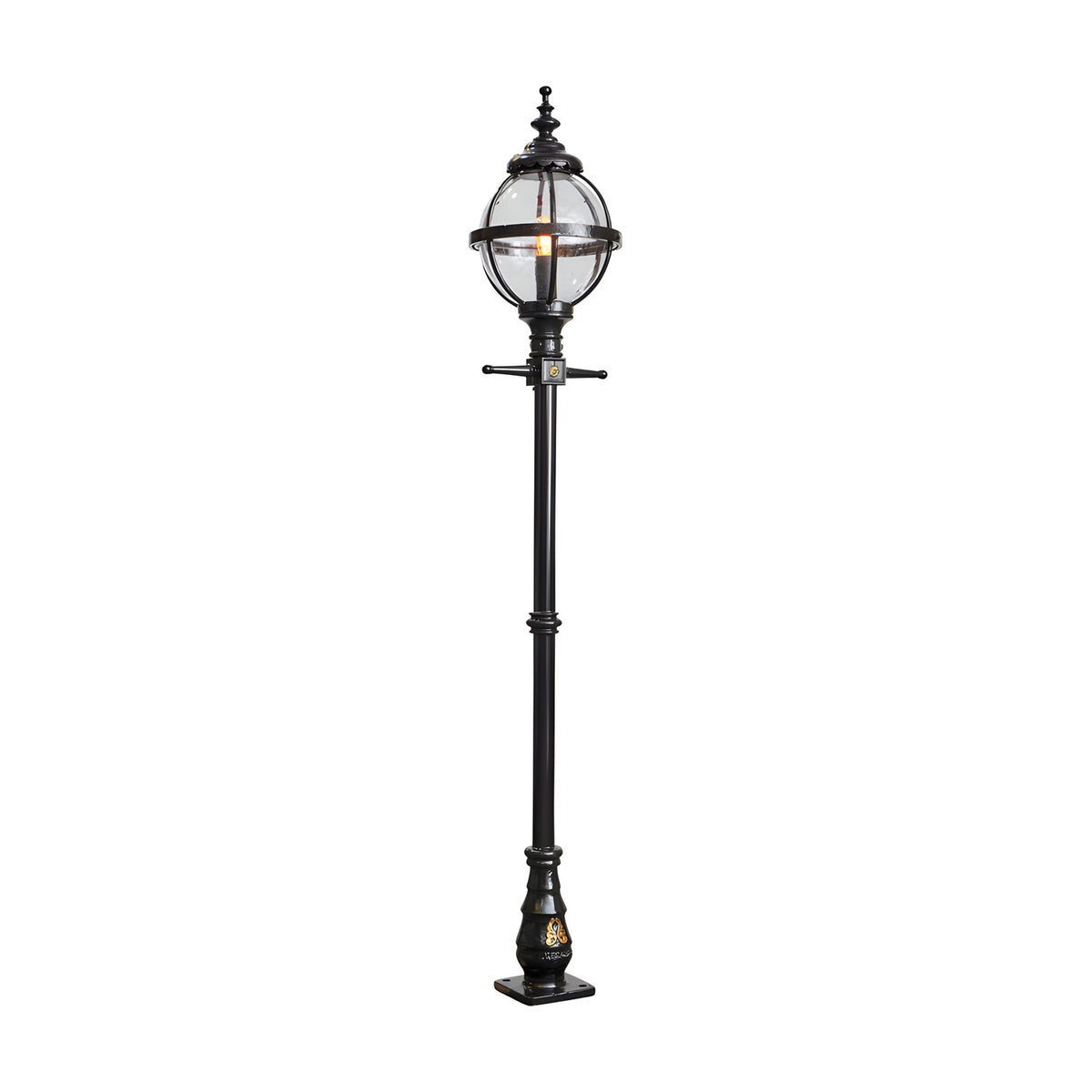 Victorian cast iron globe lamp post in black, 2.5m tall with a spherical glass shade in a banded cage on a tall traditional pole and square base, shown on a plain white background.